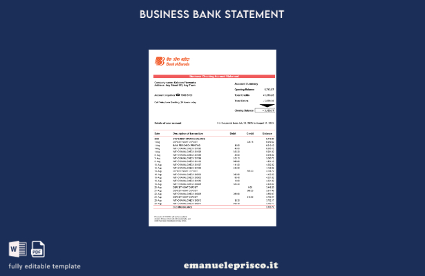stile verificato Estratto conto aziendale Bob Bank of Boroda Modello Word e PDF